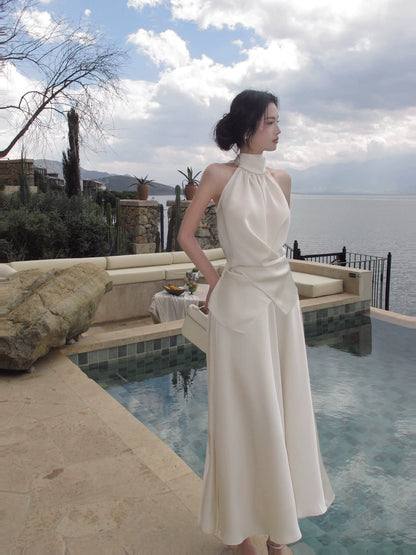 Halter A Line Satin Wedding Dress Elegant Evening Dress  P1276