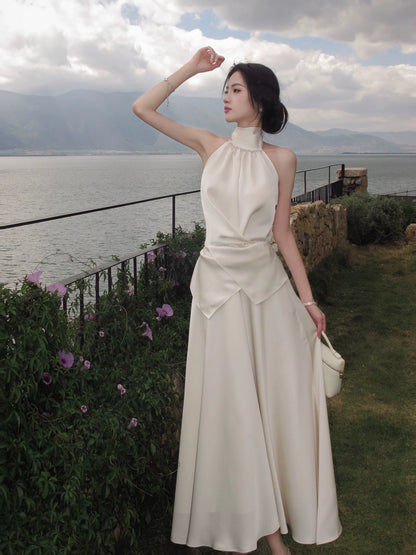 Halter A Line Satin Wedding Dress Elegant Evening Dress  P1276