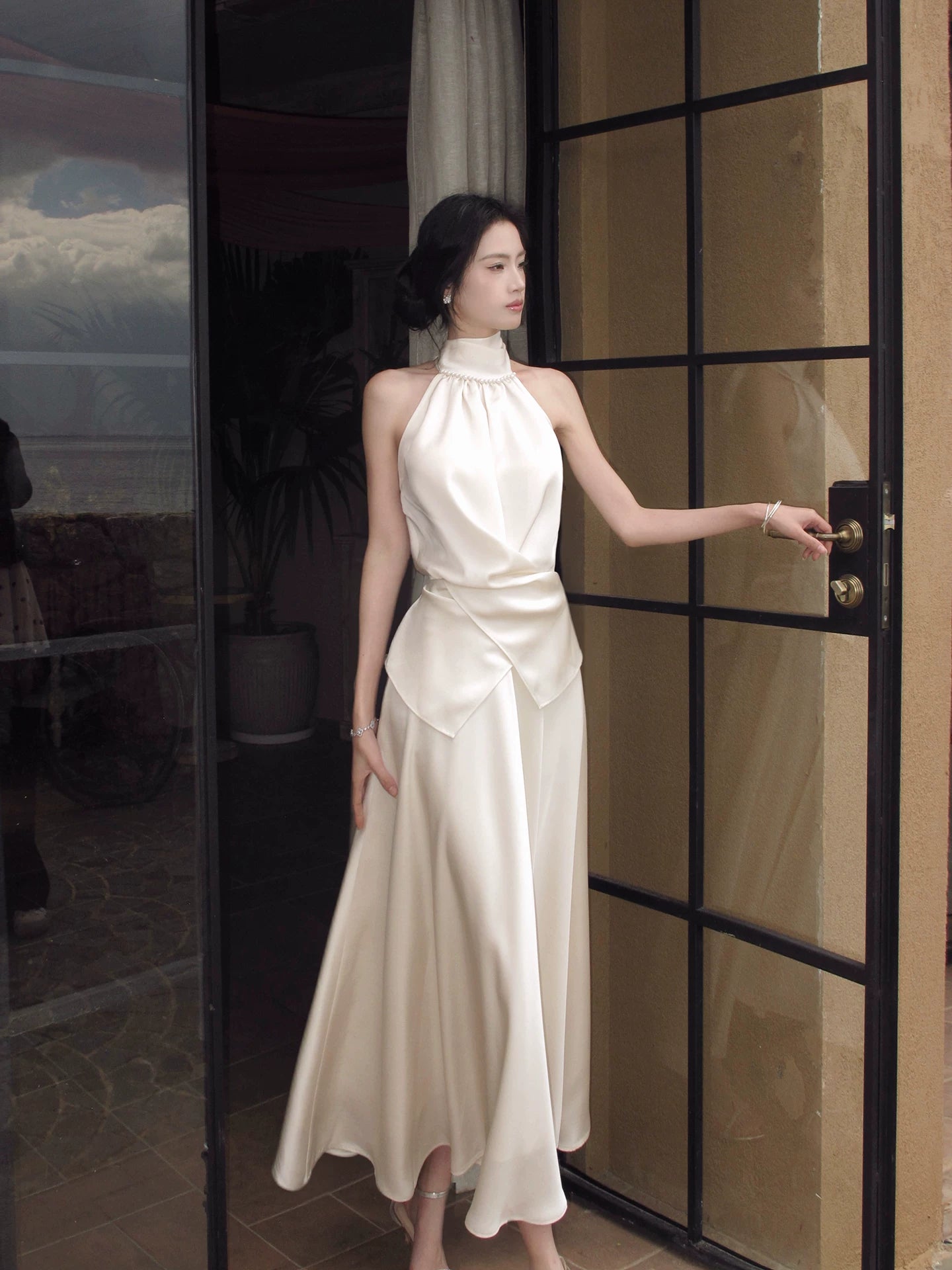 Halter A Line Satin Wedding Dress Elegant Evening Dress  P1276