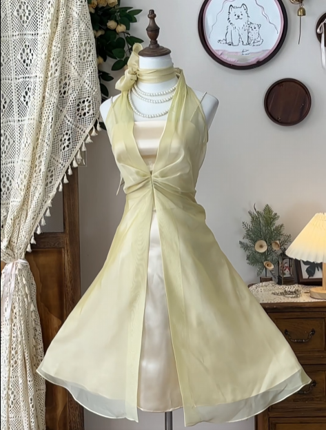 Halter A Line Short Yellow Homecoming Dress  P1482