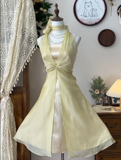 Halter A Line Short Yellow Homecoming Dress  P1482