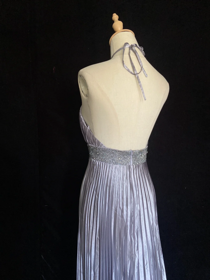 Halter A Line Silver Prom Dress Pleaded Backless Evening Dress  P922
