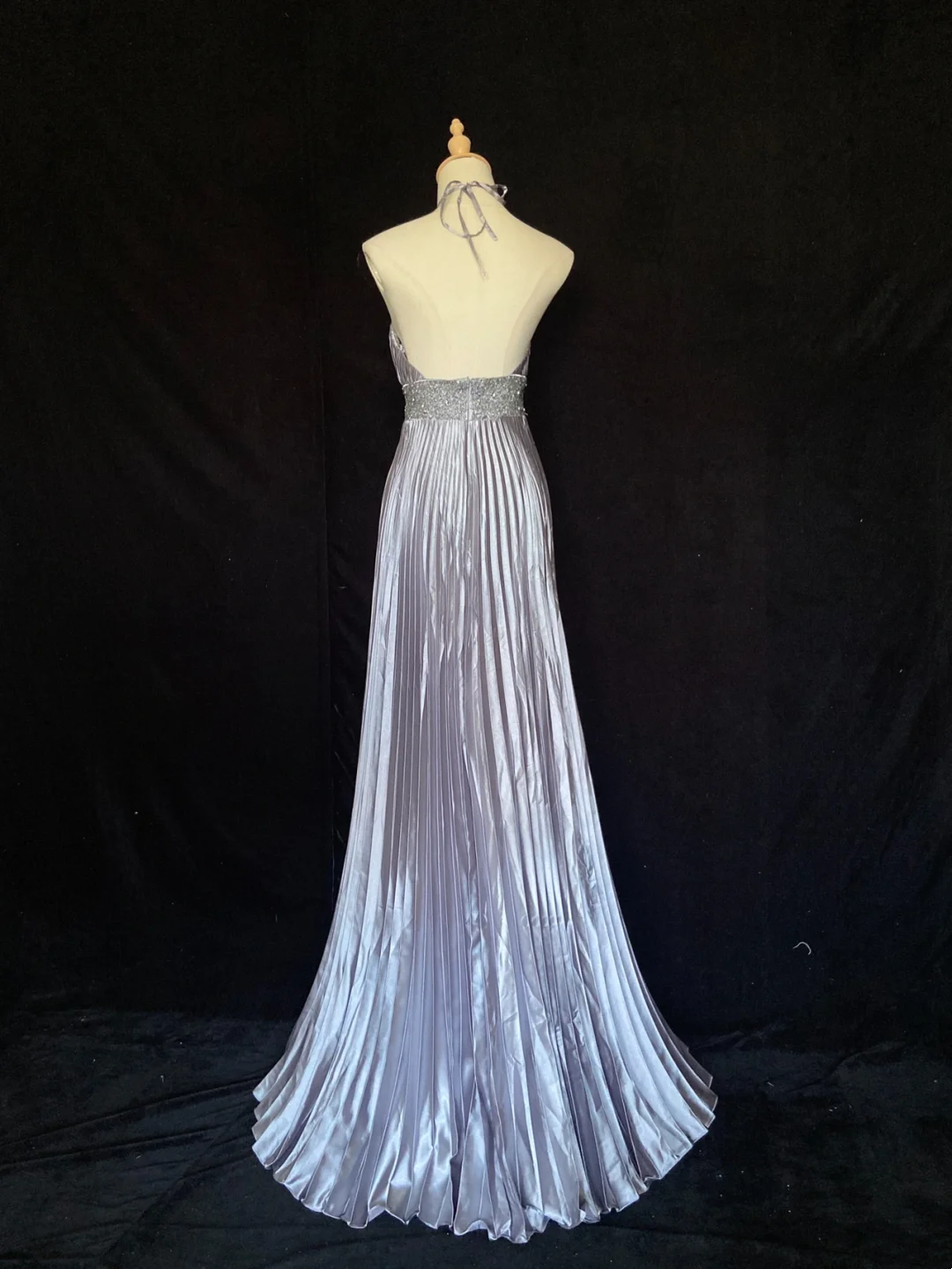Halter A Line Silver Prom Dress Pleaded Backless Evening Dress  P922