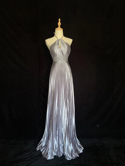 Halter A Line Silver Prom Dress Pleaded Backless Evening Dress  P922