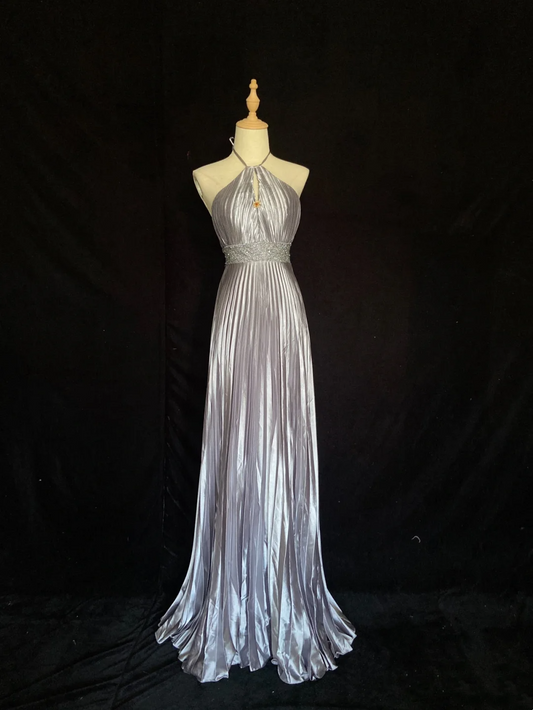 Halter A Line Silver Prom Dress Pleaded Backless Evening Dress  P922