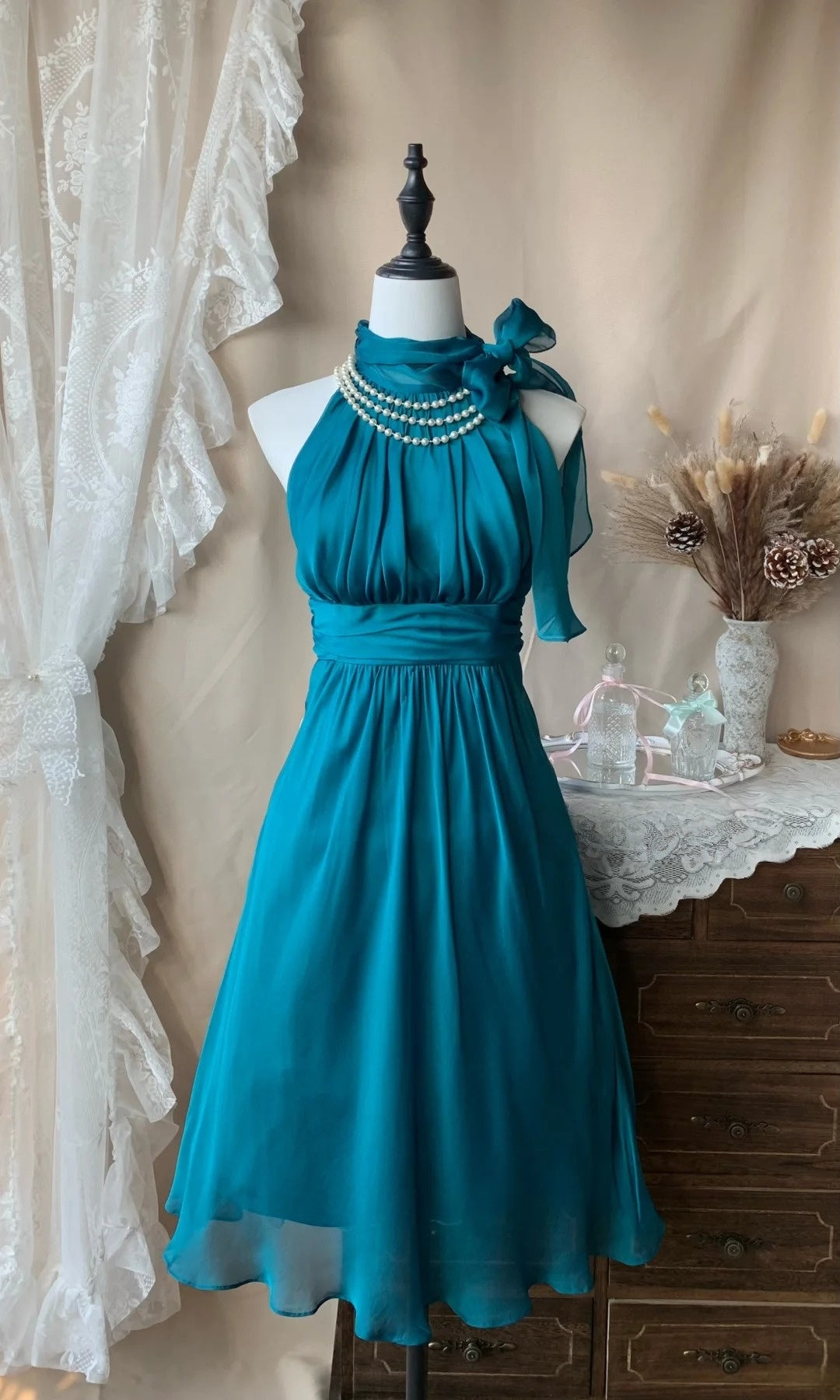 Halter A Line Teal Chiffon Short Homecoming Dress  P1364