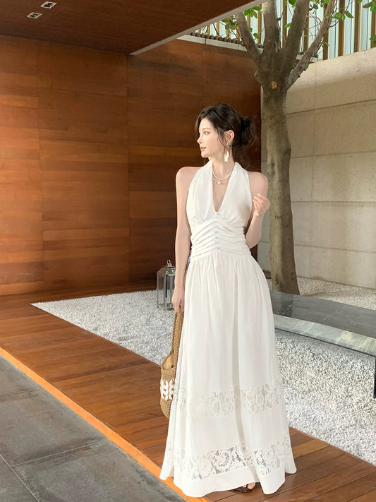 Halter A Line White Wedding Dress Elegant Summer Dress   P1391