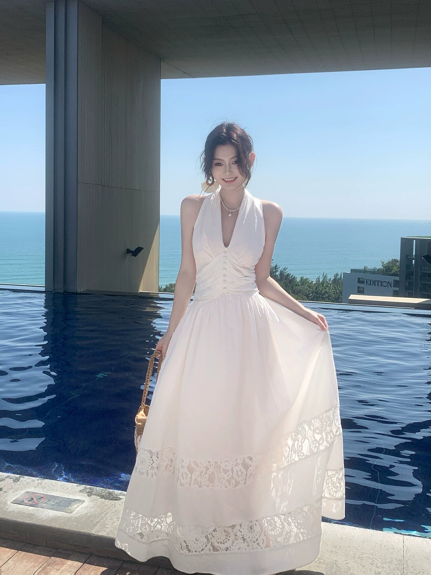 Halter A Line White Wedding Dress Elegant Summer Dress   P1391