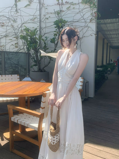 Halter A Line White Wedding Dress Elegant Summer Dress   P1391