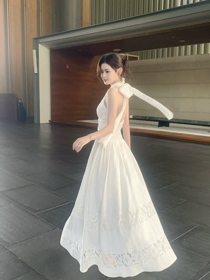 Halter A Line White Wedding Dress Elegant Summer Dress   P1391
