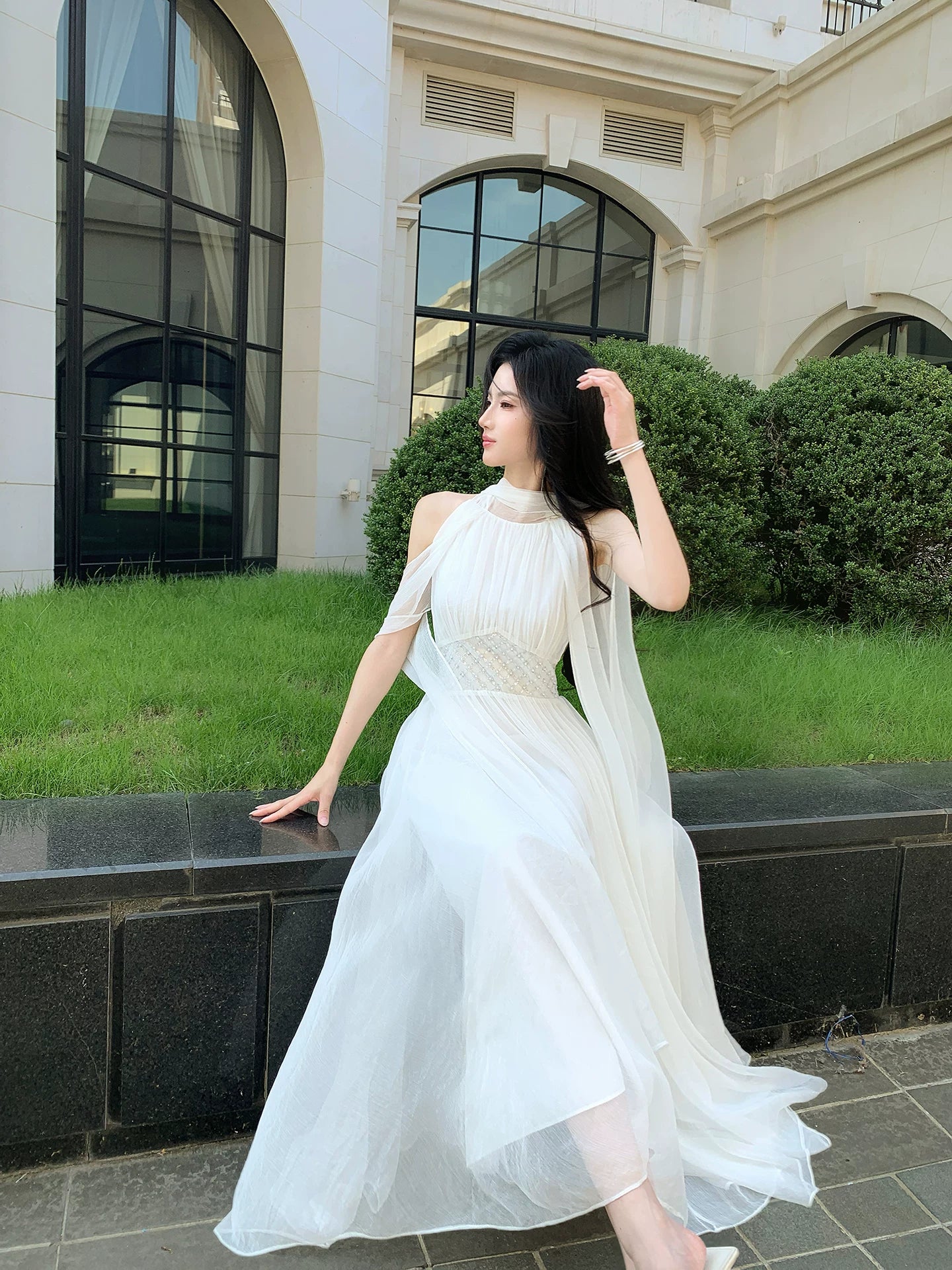 Halter A Line White Wedding Dress Summer Tulle Dress  P1516