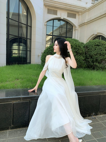 Halter A Line White Wedding Dress Summer Tulle Dress  P1516