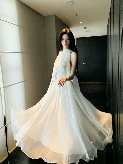 Halter A Line White Wedding Dress Summer Tulle Dress  P1516