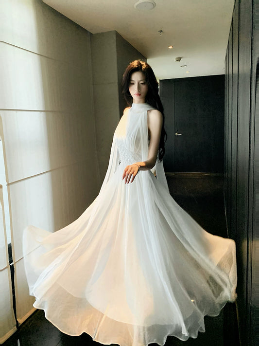 Halter A Line White Wedding Dress Summer Tulle Dress  P1516