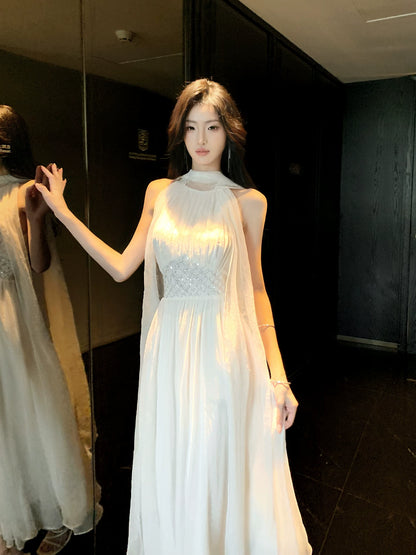 Halter A Line White Wedding Dress Summer Tulle Dress  P1516