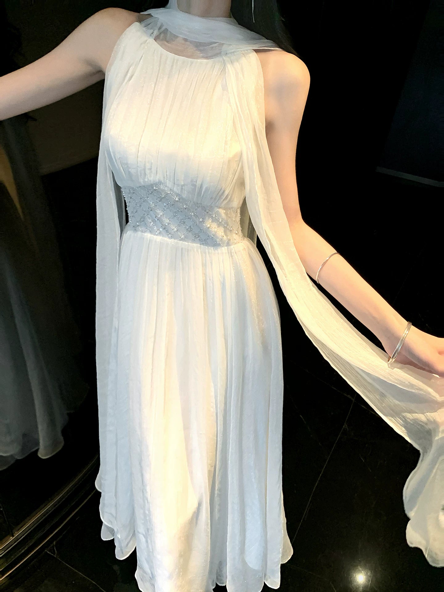 Halter A Line White Wedding Dress Summer Tulle Dress  P1516