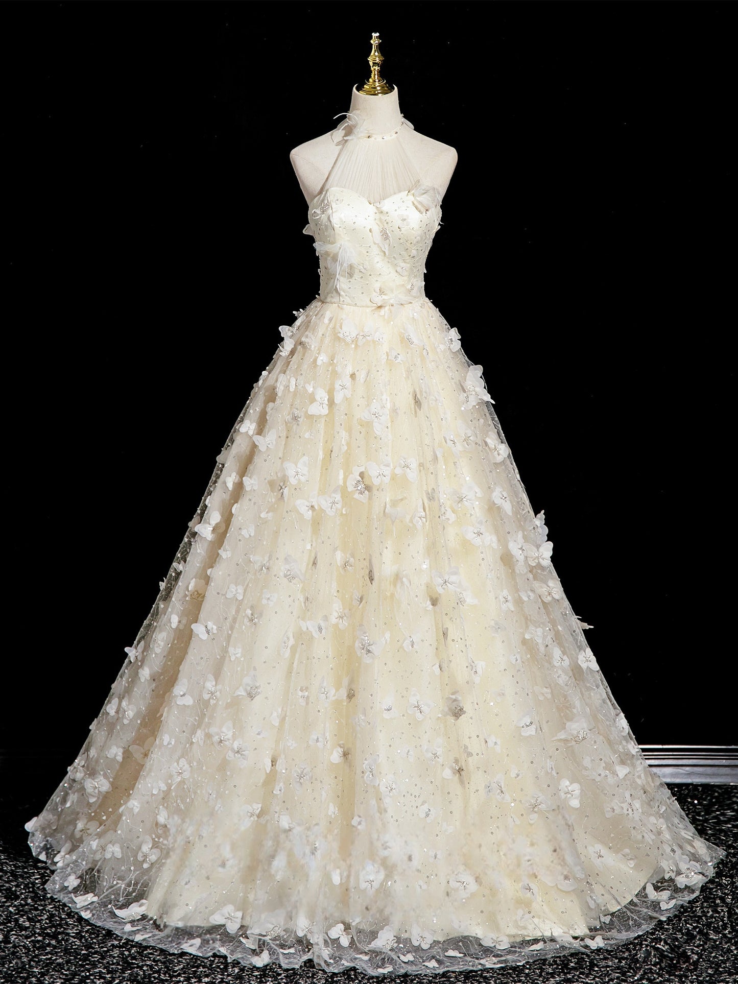 Halter A Line Yellow Prom Dress Butterfly Birthday Gown  P1193
