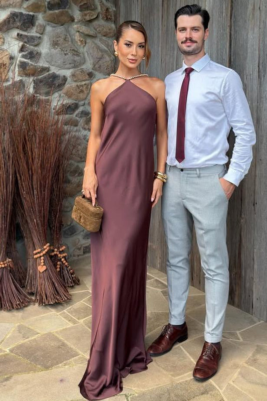 Halter Beaded Satin Backless Maxi Party Prom Dress  P2563