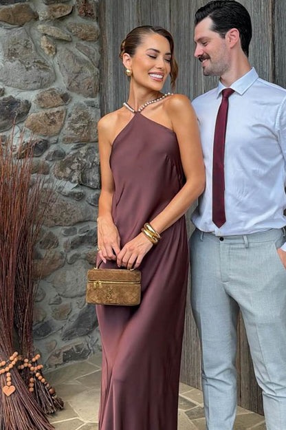 Halter Beaded Satin Backless Maxi Party Prom Dress  P2563