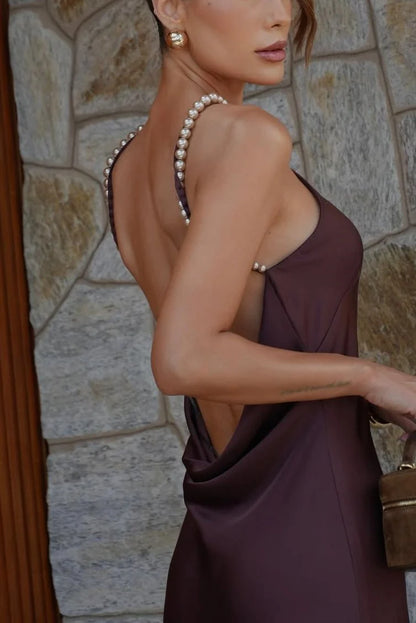 Halter Beaded Satin Backless Maxi Party Prom Dress  P2563