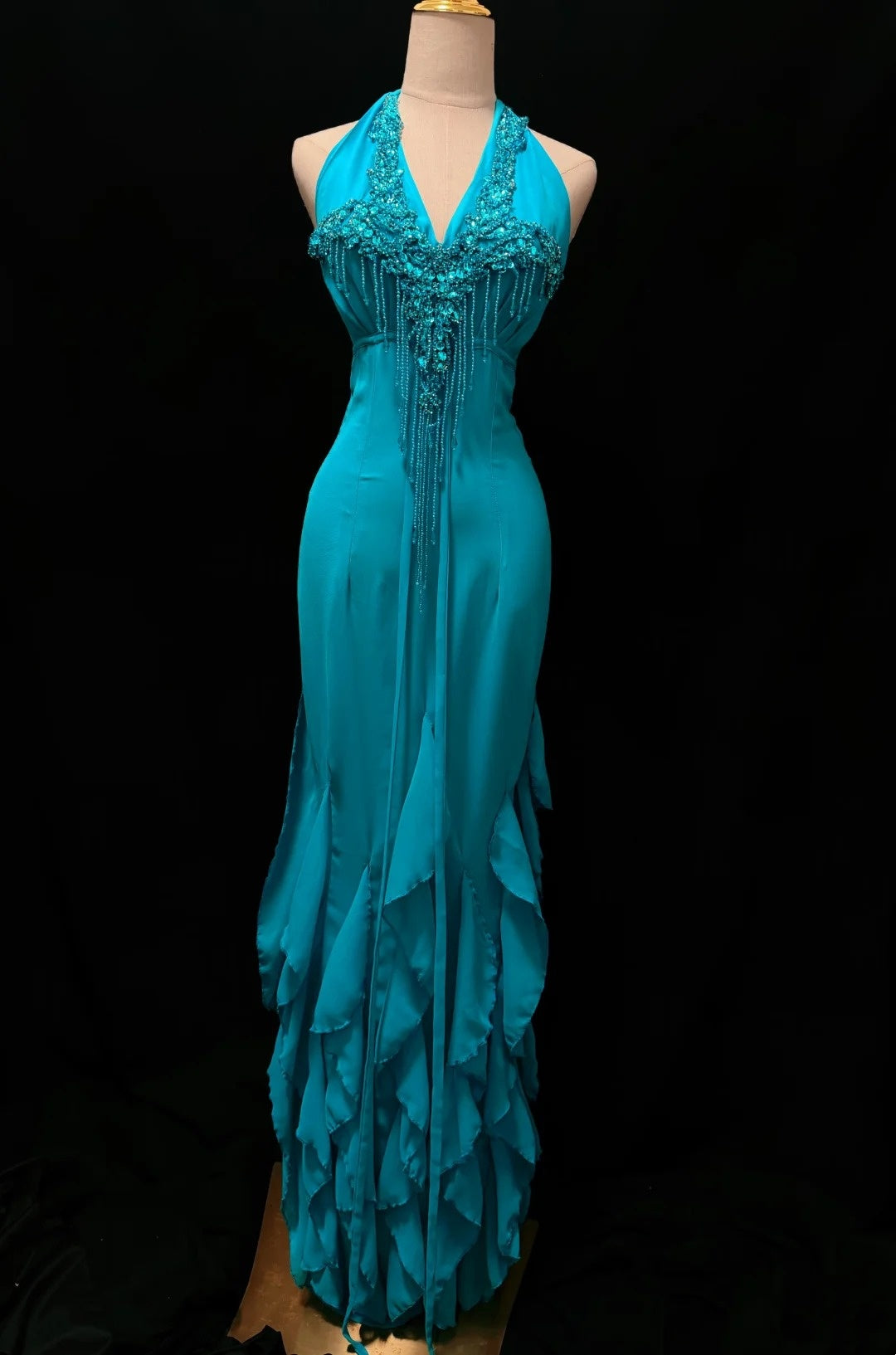 Halter Beaded Tassel Formal Evening Dress Ruffled Prom Dress  P1723