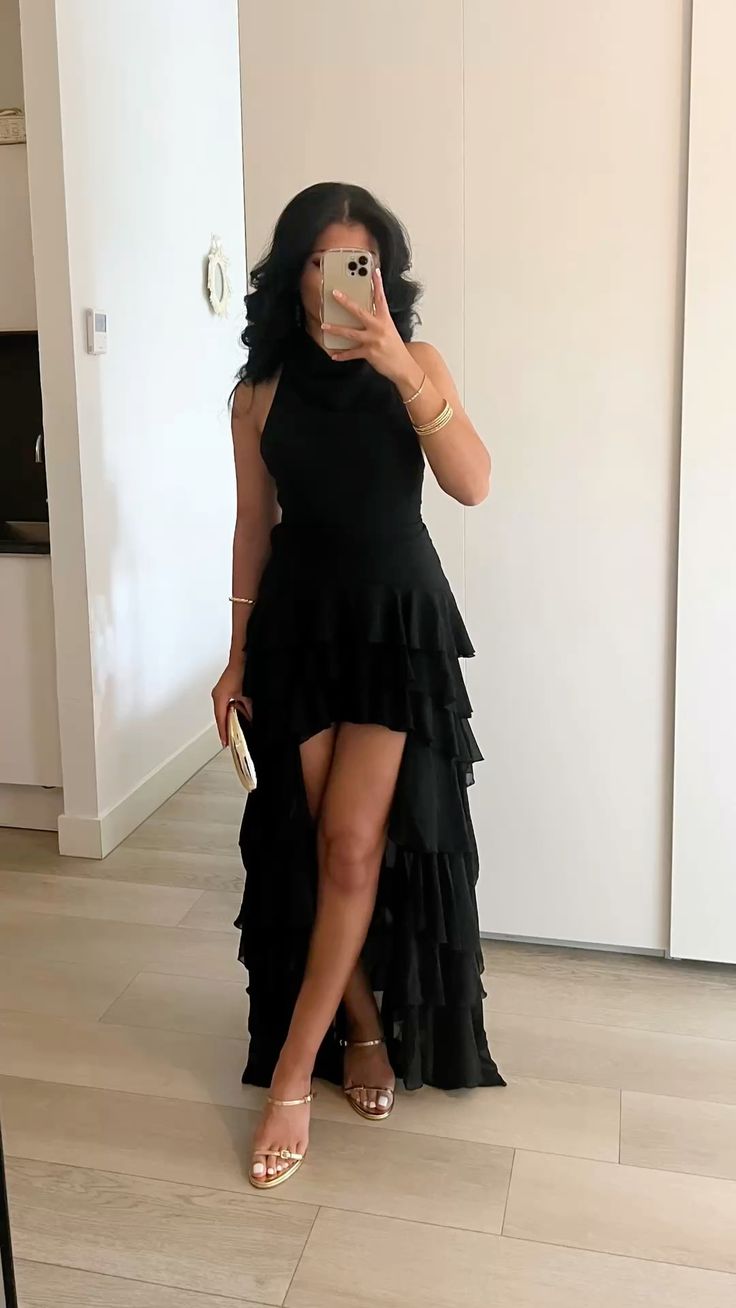 Halter Black Ruffled Classy Summer Outfit Dress  P1431