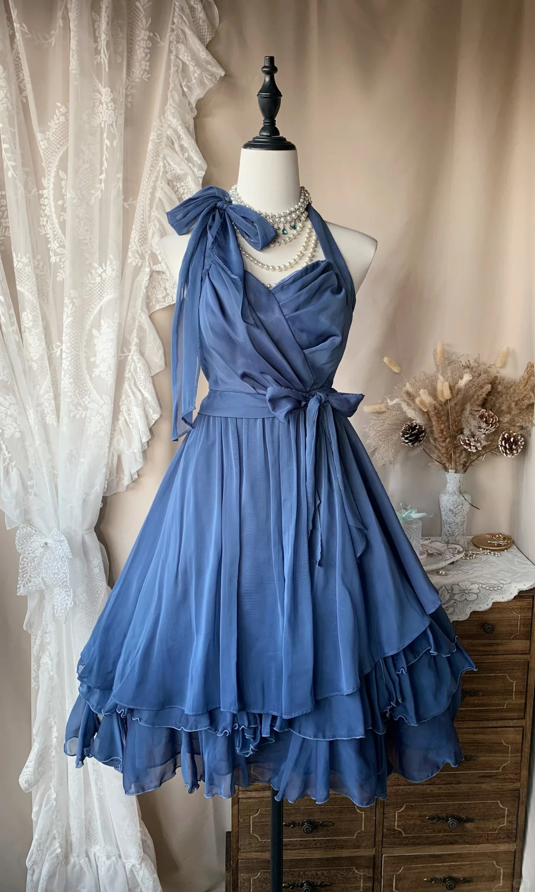 Halter Blue A Line Ruffled Chiffon Short Dress Party Dress  P1090