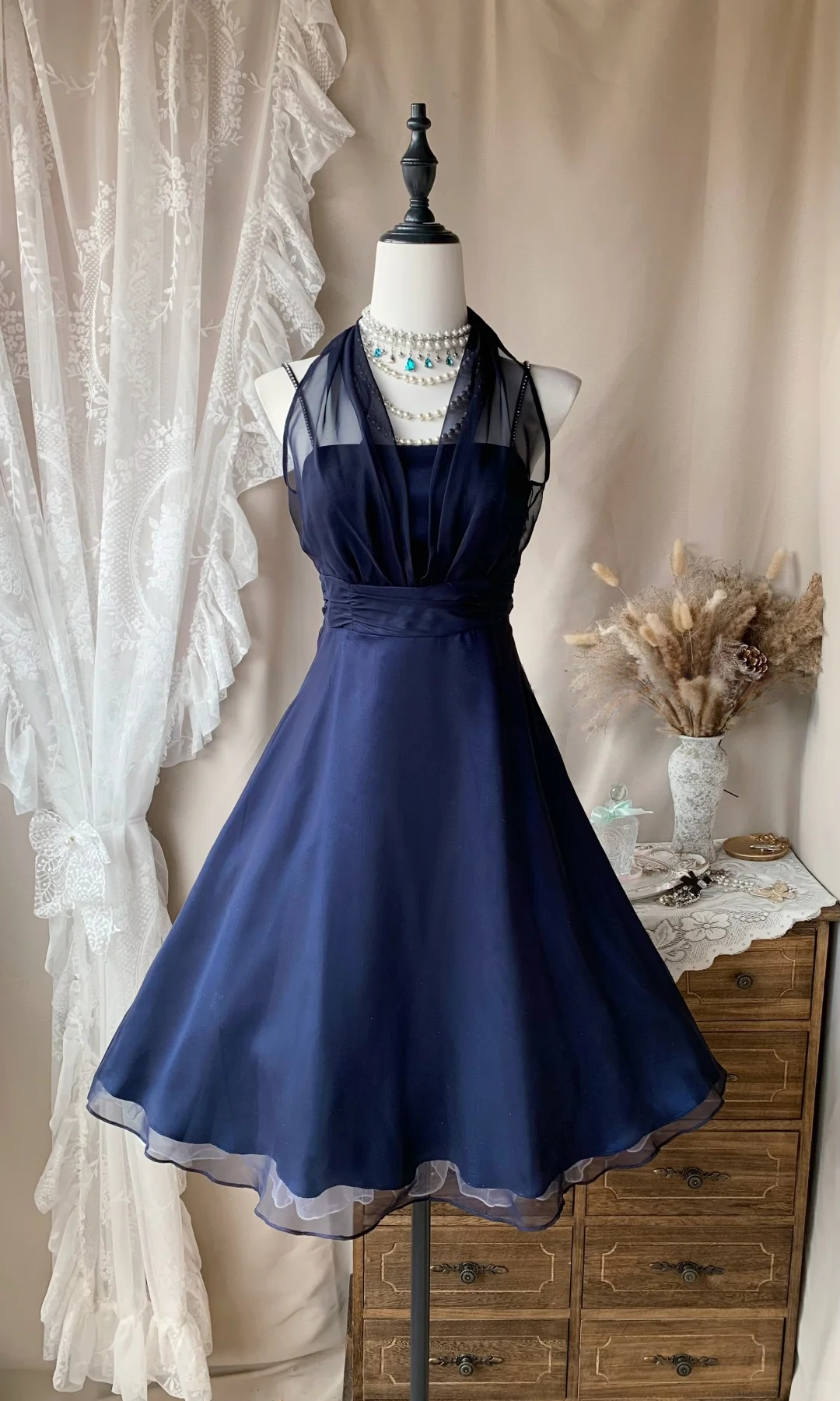 Halter Blue A Line Ruffled Chiffon Short Homecoming Dress  P1092