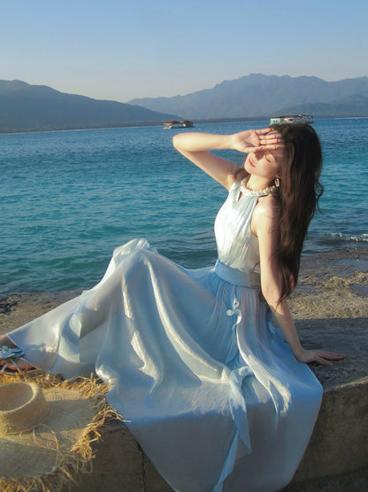 Halter Blue A Line Wedding Guest Dress Summer Holiday Dress P1526