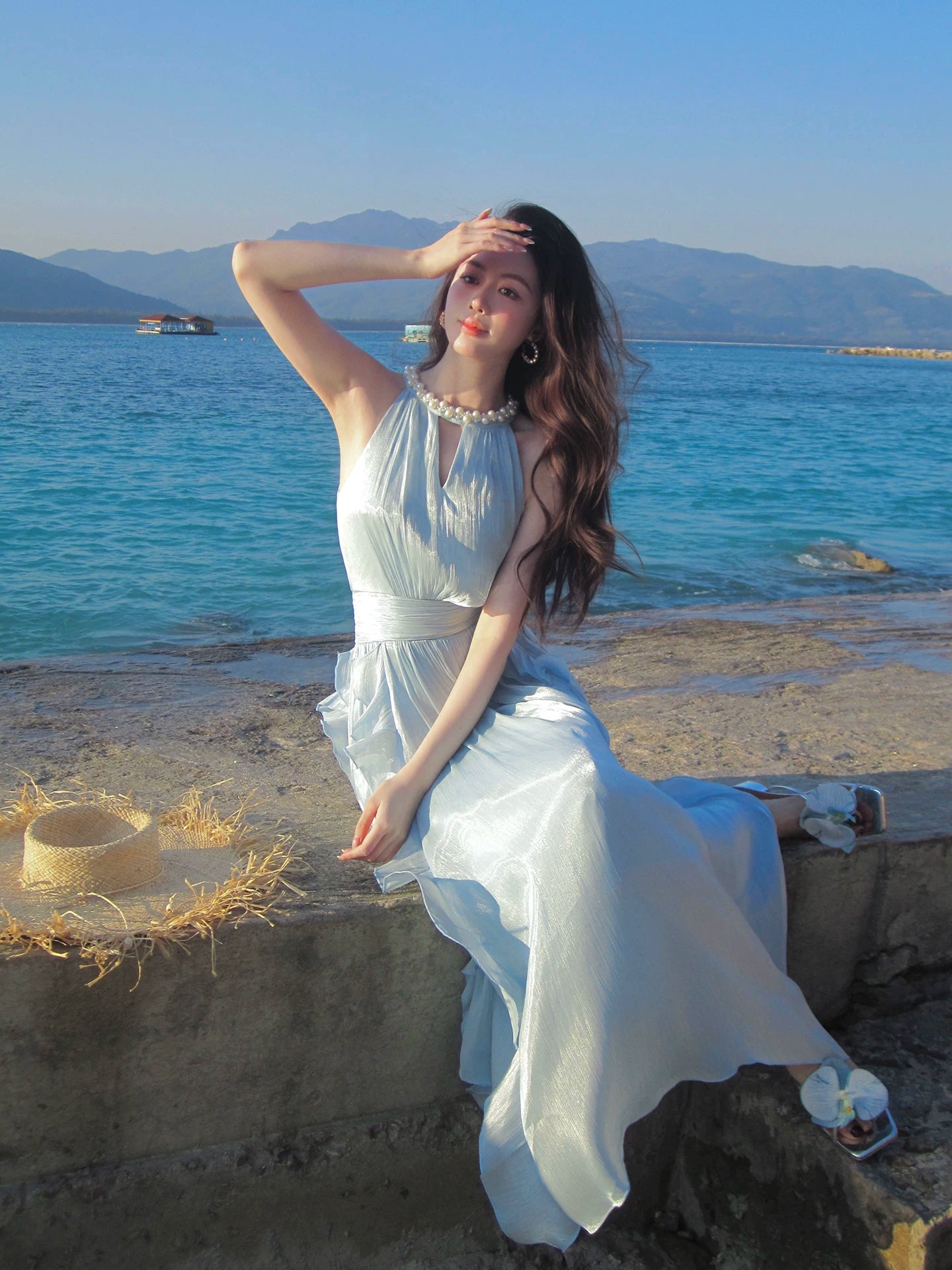 Halter Blue A Line Wedding Guest Dress Summer Holiday Dress P1526
