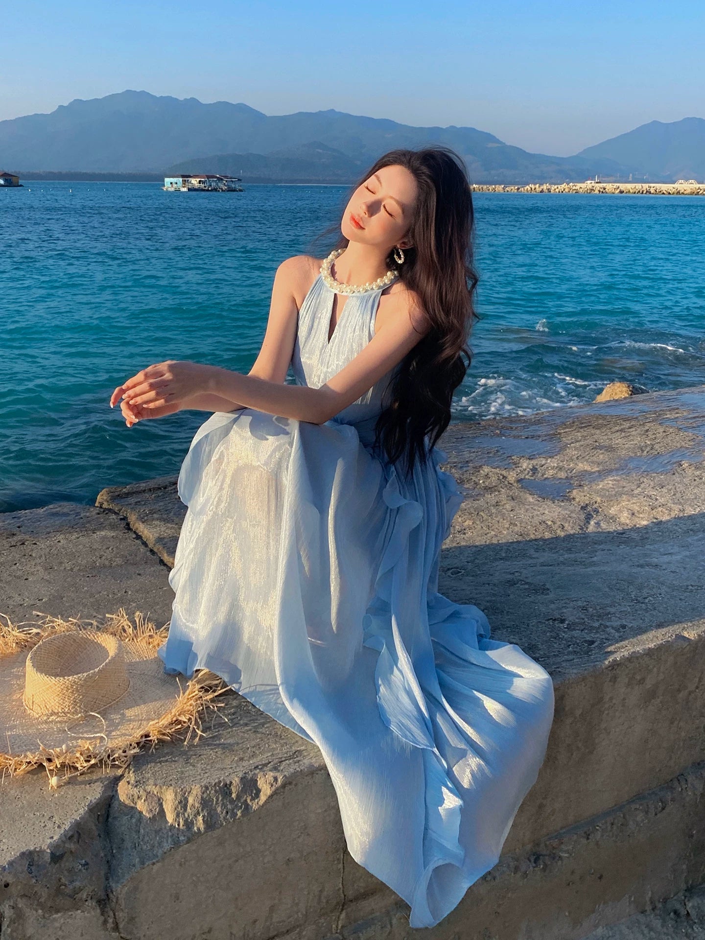 Halter Blue A Line Wedding Guest Dress Summer Holiday Dress P1526