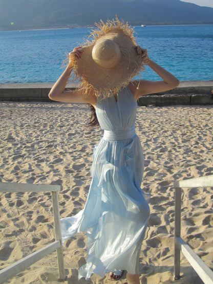 Halter Blue A Line Wedding Guest Dress Summer Holiday Dress P1526