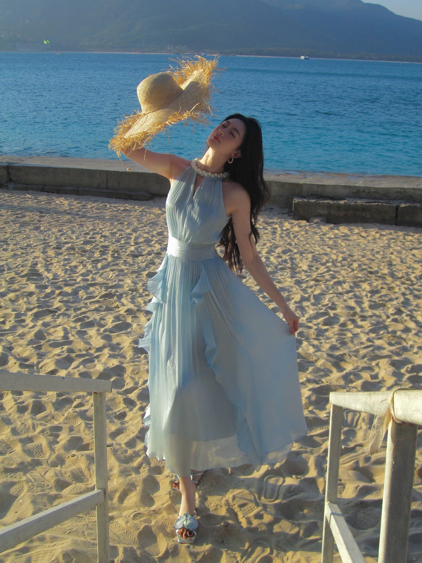 Halter Blue A Line Wedding Guest Dress Summer Holiday Dress P1526
