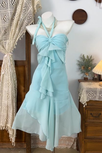 Halter Blue Chiffon Homecoming Dress Ruffled Party Dress  P1477