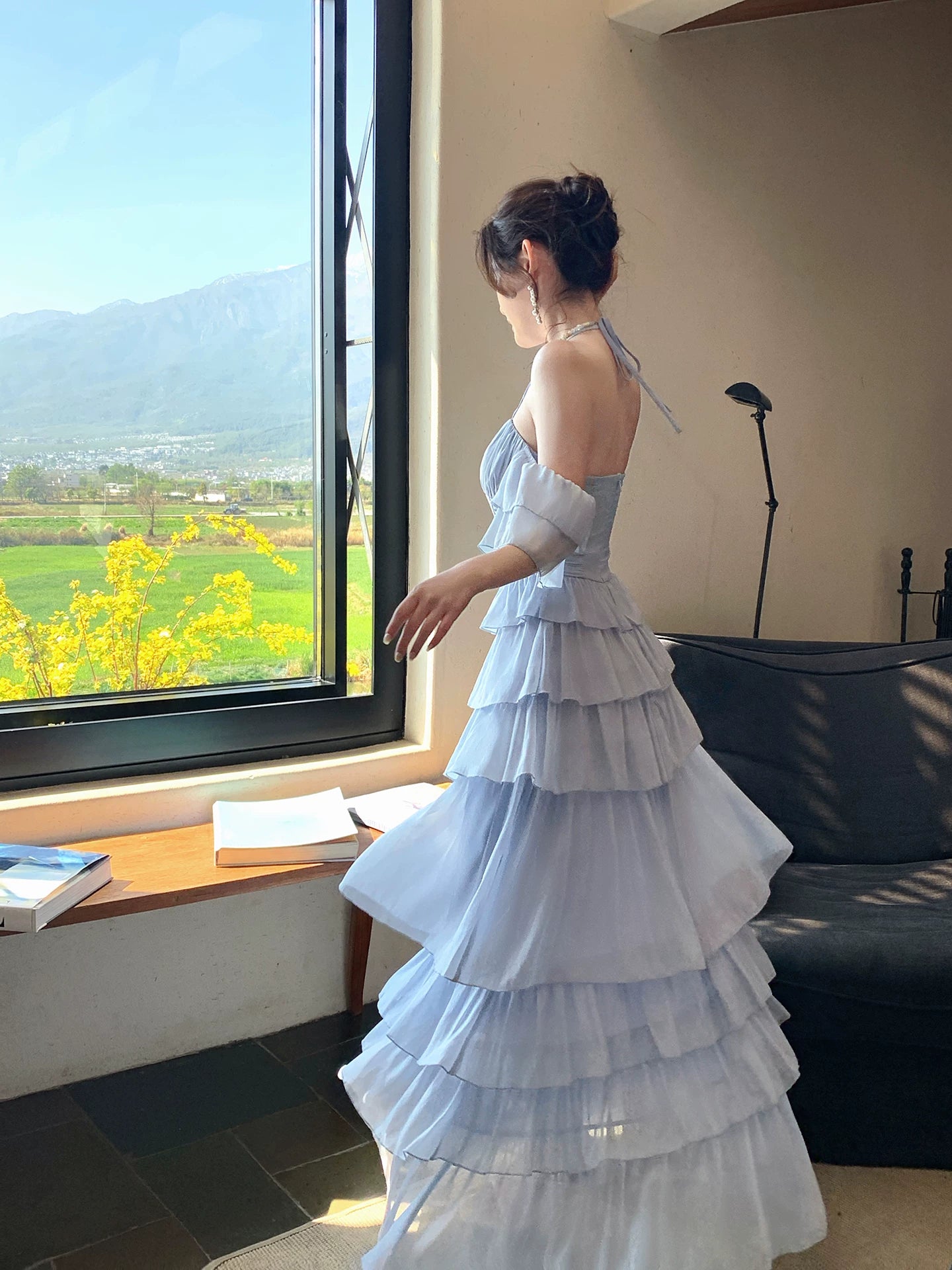 Halter Blue  Chiffon Prom Dress Layered Wedding Guest Dress  P1279