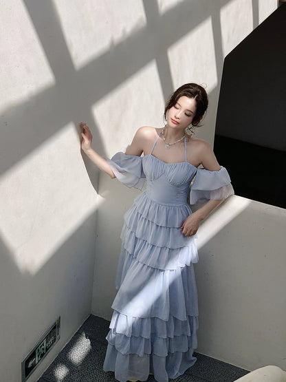 Halter Blue  Chiffon Prom Dress Layered Wedding Guest Dress  P1279