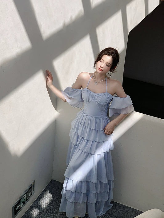 Halter Blue  Chiffon Prom Dress Layered Wedding Guest Dress  P1279