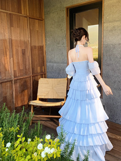 Halter Blue  Chiffon Prom Dress Layered Wedding Guest Dress  P1279