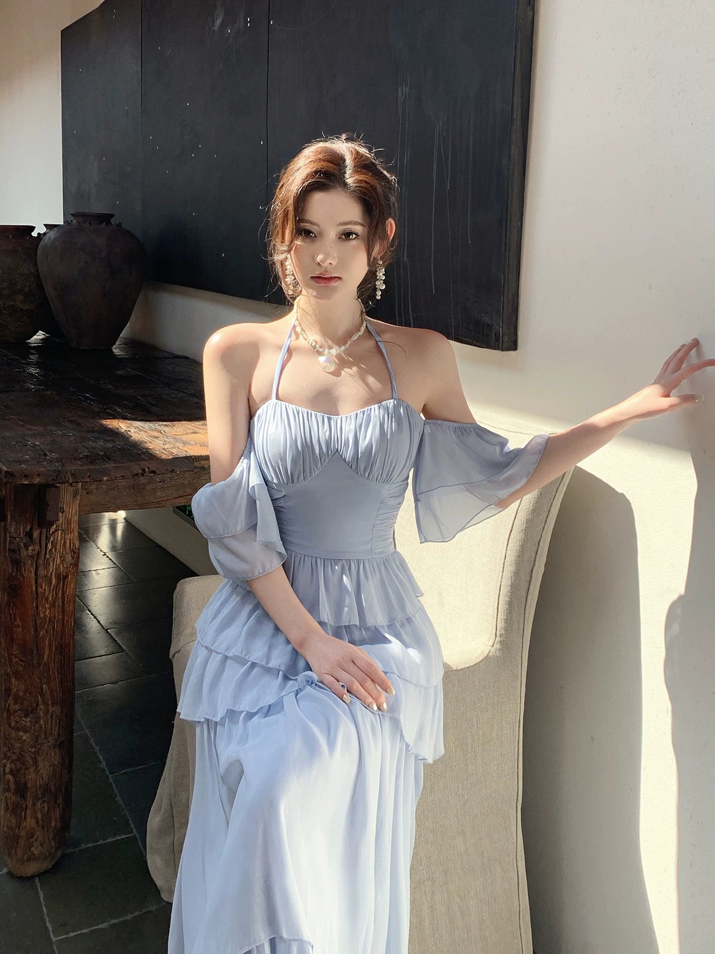 Halter Blue  Chiffon Prom Dress Layered Wedding Guest Dress  P1279