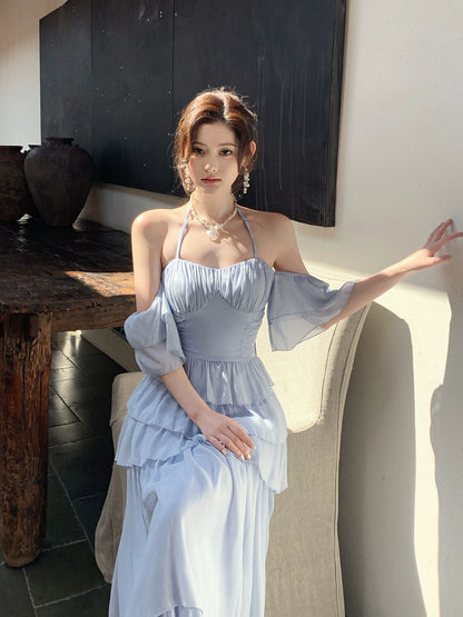 Halter Blue  Chiffon Prom Dress Layered Wedding Guest Dress  P1279