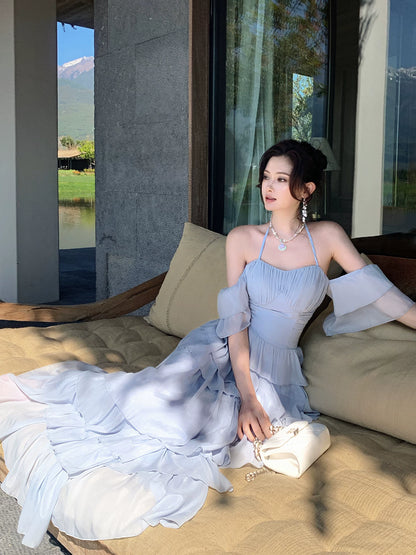 Halter Blue  Chiffon Prom Dress Layered Wedding Guest Dress  P1279