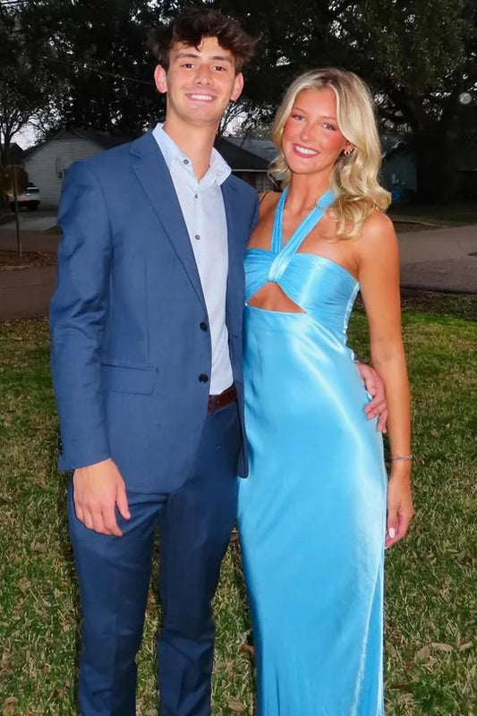 Halter Blue Satin Sheath Long Formal Prom Dress  P1156