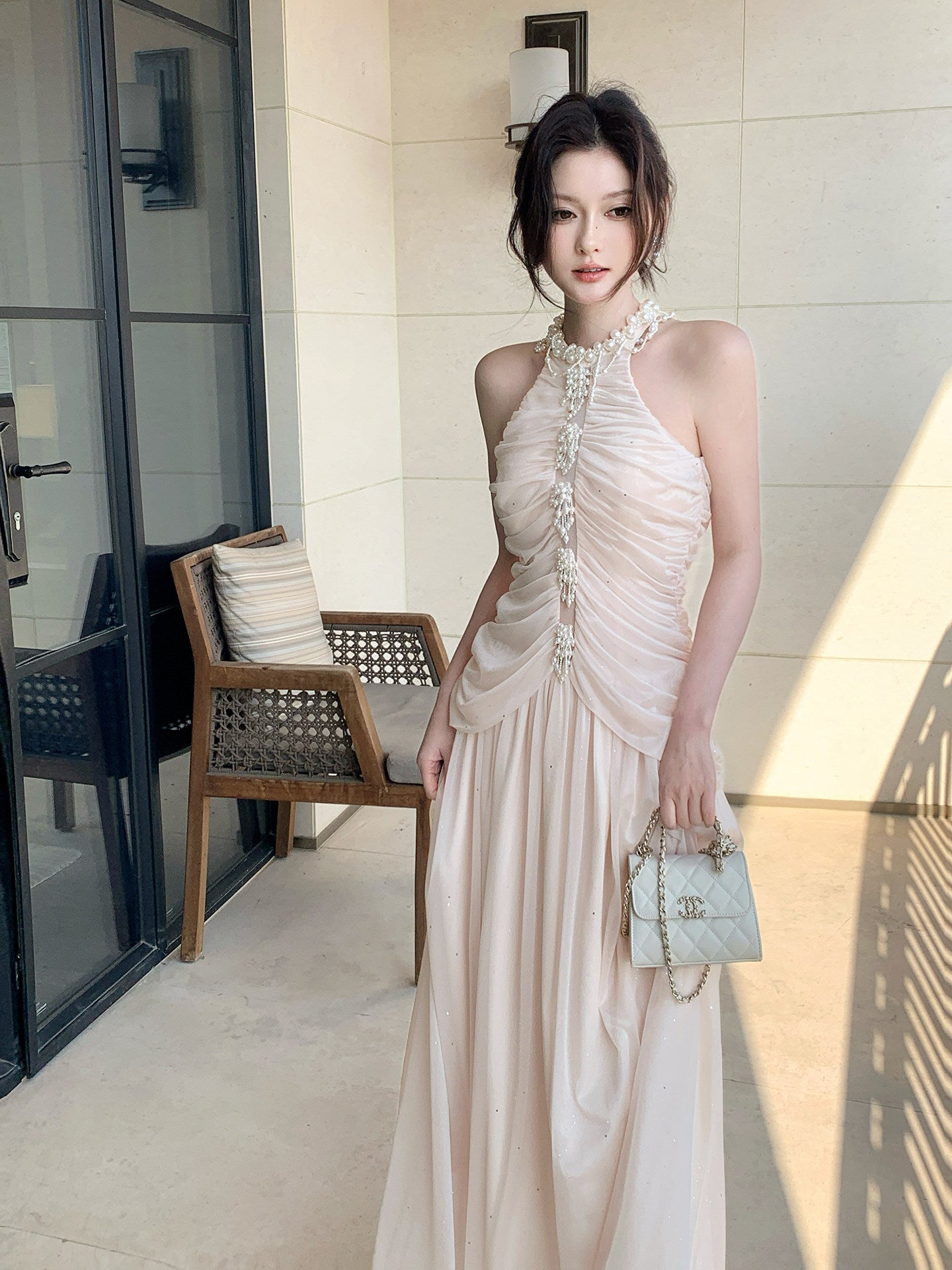 Halter Chiffon A Line Prom Dress with Pearl Formal Evening Dress   P635