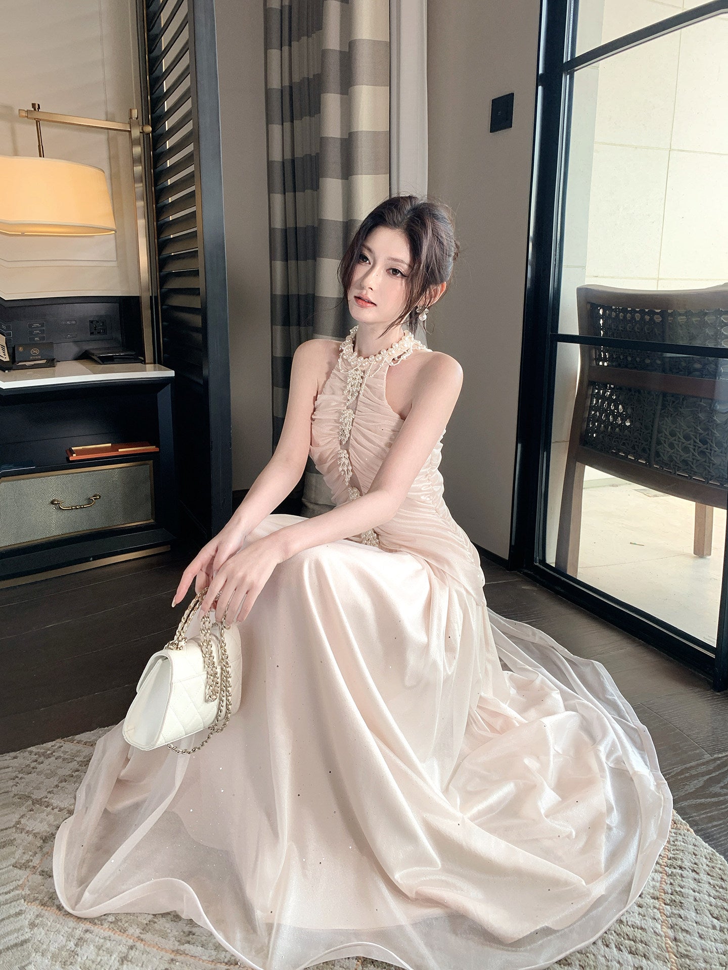 Halter Chiffon A Line Prom Dress with Pearl Formal Evening Dress   P635