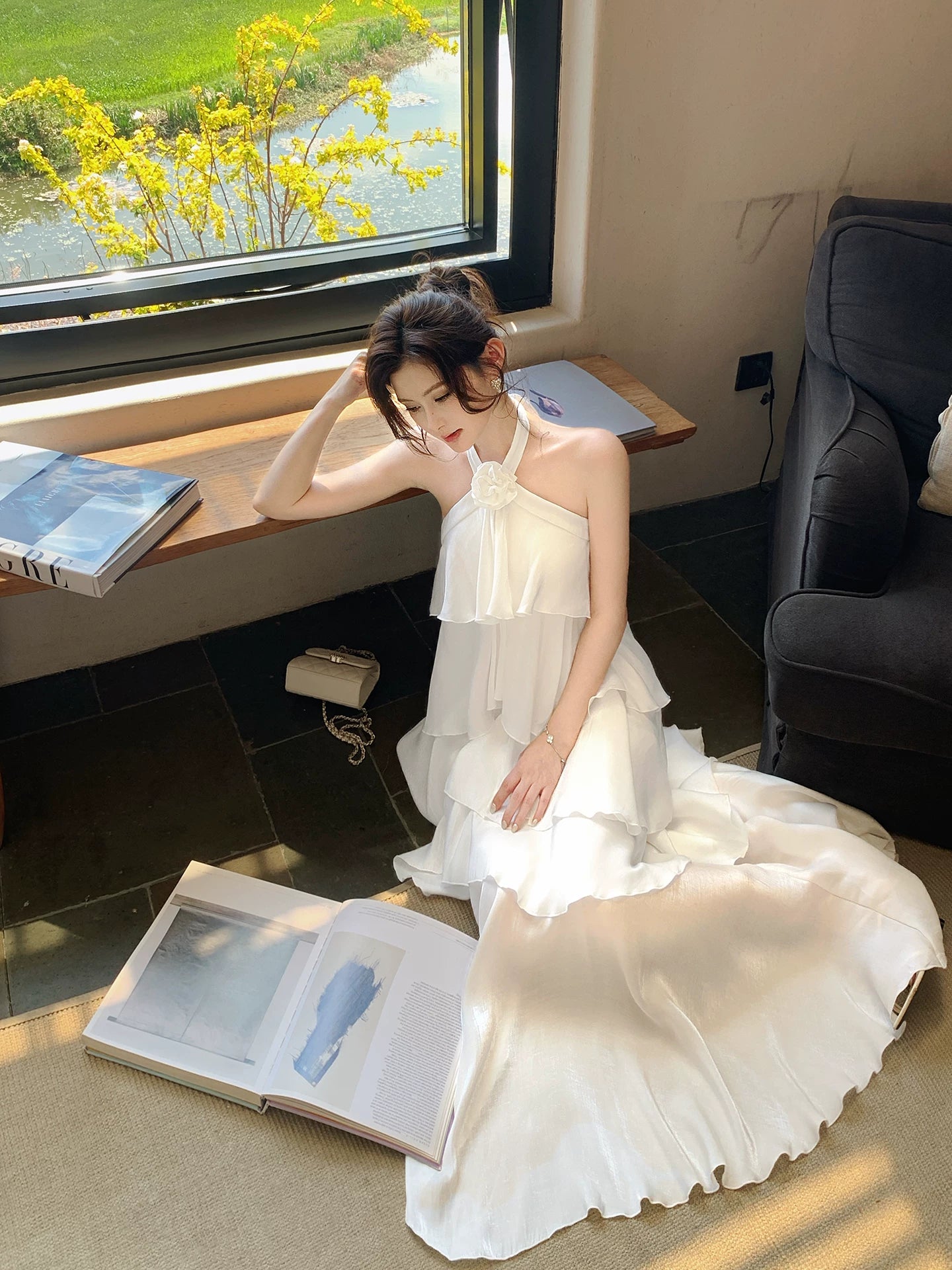Halter Chiffon Ruffled Prom Dress Layered Wedding Dress  P1252