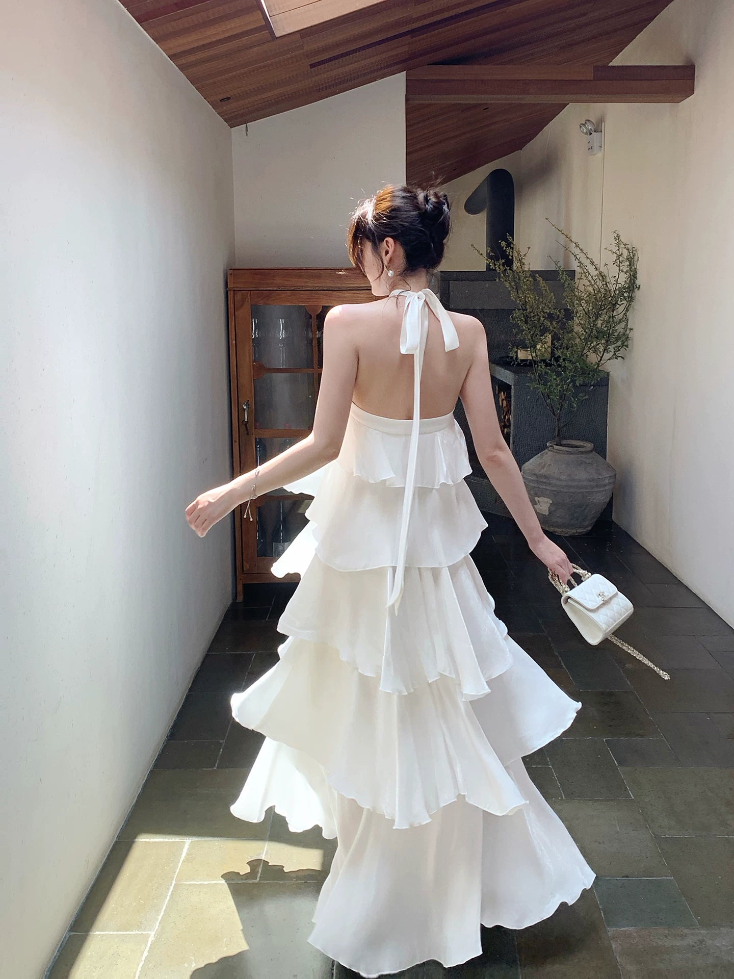 Halter Chiffon Ruffled Prom Dress Layered Wedding Dress  P1252