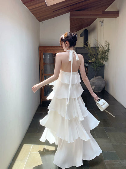 Halter Chiffon Ruffled Prom Dress Layered Wedding Dress  P1252