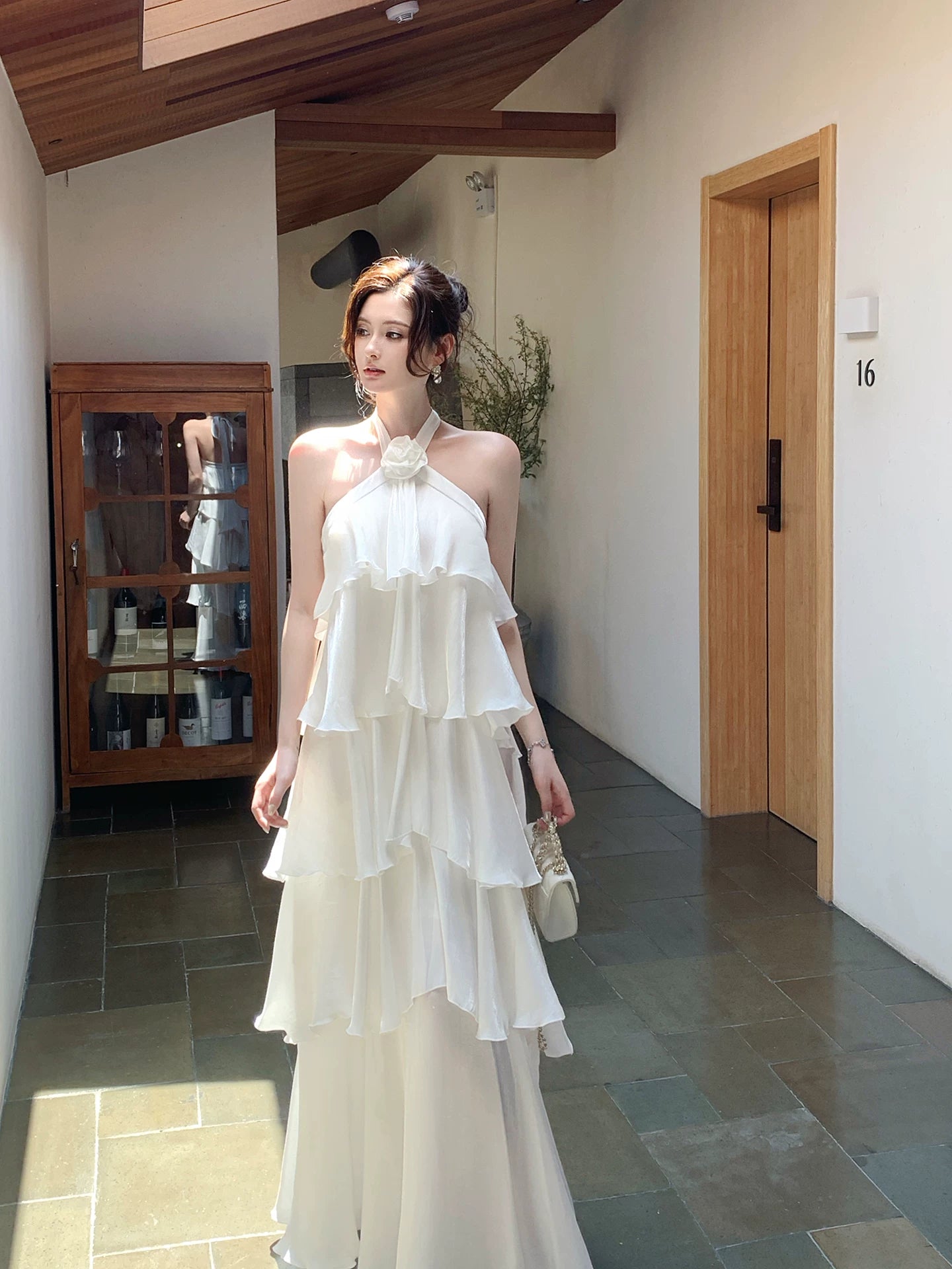 Halter Chiffon Ruffled Prom Dress Layered Wedding Dress  P1252