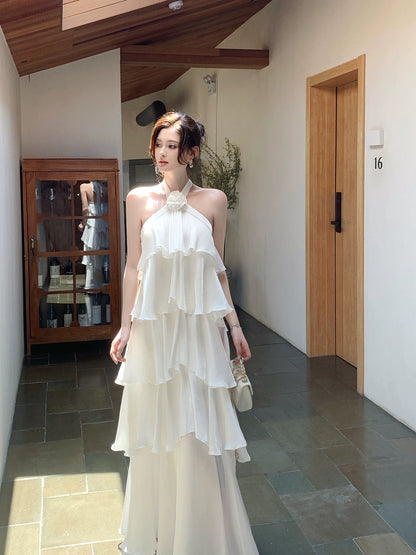 Halter Chiffon Ruffled Prom Dress Layered Wedding Dress  P1252