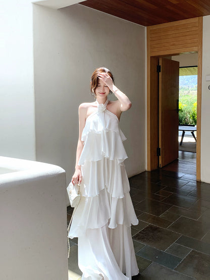 Halter Chiffon Ruffled Prom Dress Layered Wedding Dress  P1252